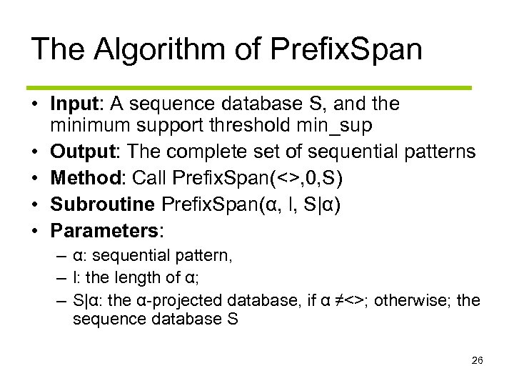 The Algorithm of Prefix. Span • Input: A sequence database S, and the minimum