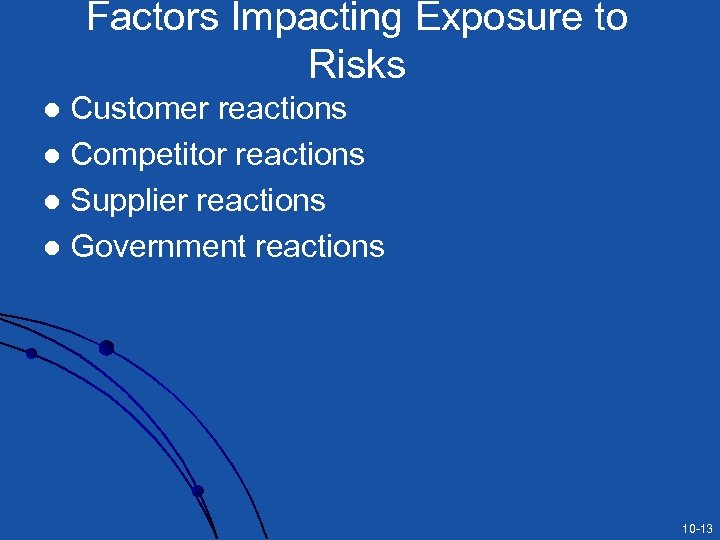 Factors Impacting Exposure to Risks Customer reactions l Competitor reactions l Supplier reactions l