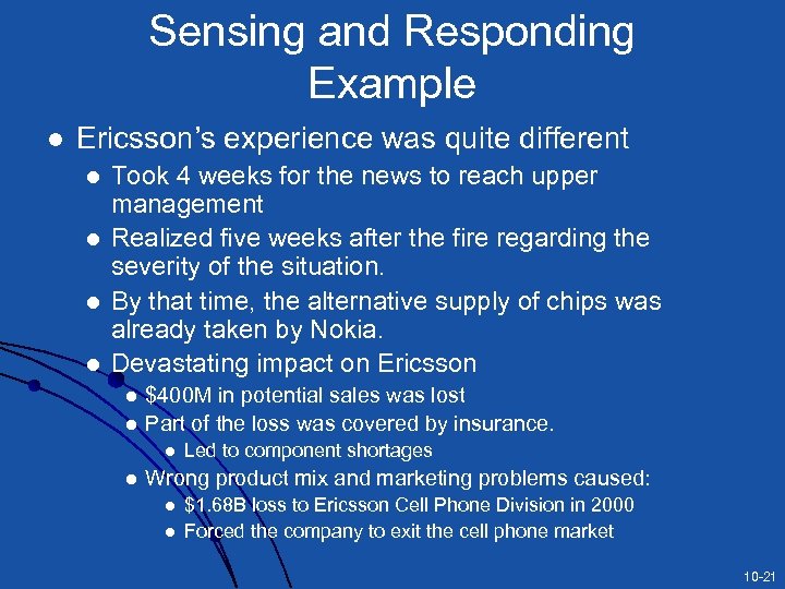 Sensing and Responding Example l Ericsson’s experience was quite different l l Took 4