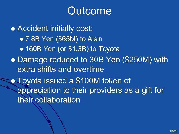 Outcome l Accident initially cost: 7. 8 B Yen ($65 M) to Aisin l