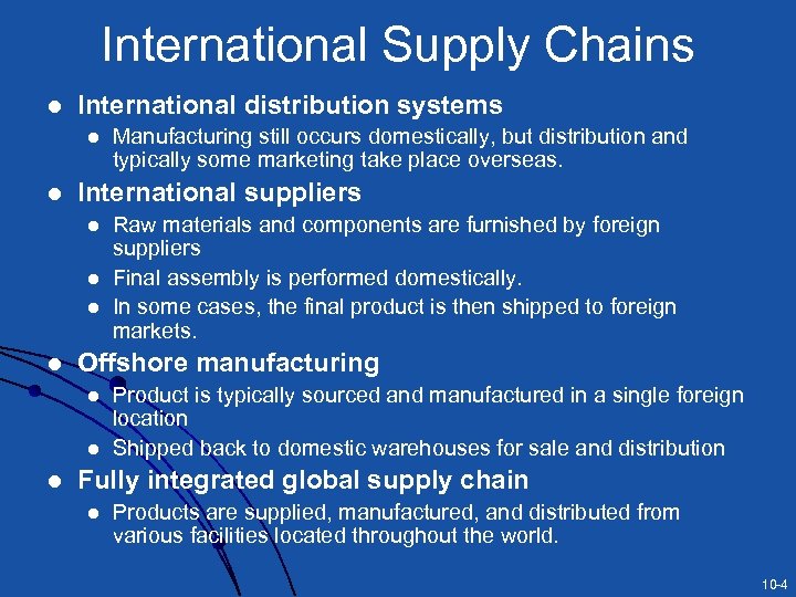 International Supply Chains l International distribution systems l l International suppliers l l Raw