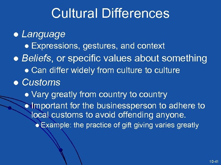 Cultural Differences l Language l l Beliefs, or specific values about something l l