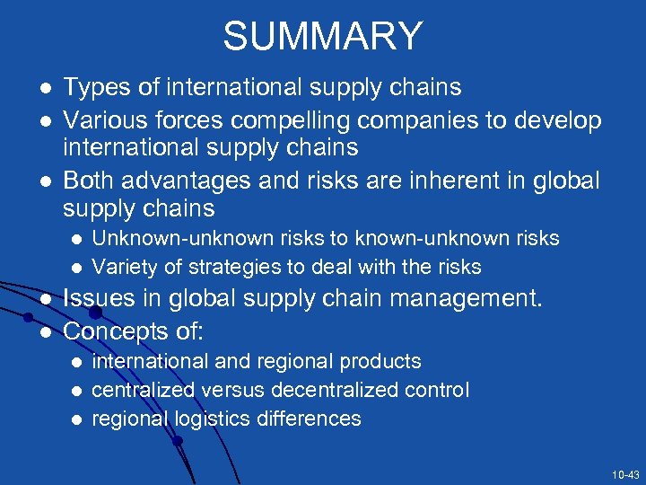 SUMMARY l l l Types of international supply chains Various forces compelling companies to