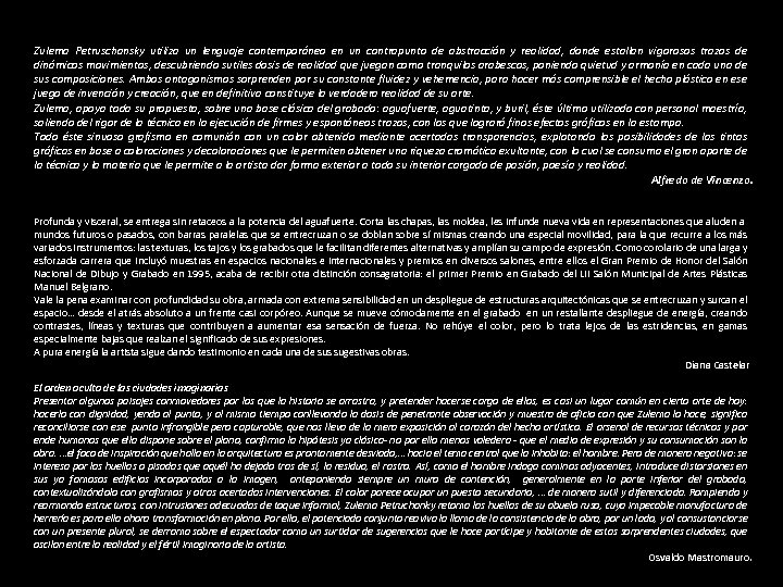 Zulema Petruschansky utiliza un lenguaje contemporáneo en un contrapunto de abstracción y realidad, donde
