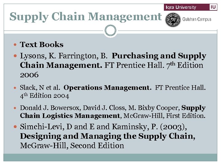 Supply Chain Management Text Books Lysons, K. Farrington, B. Purchasing and Supply Chain Management.