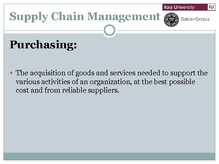Supply Chain Management Purchasing: The acquisition of goods and services needed to support the