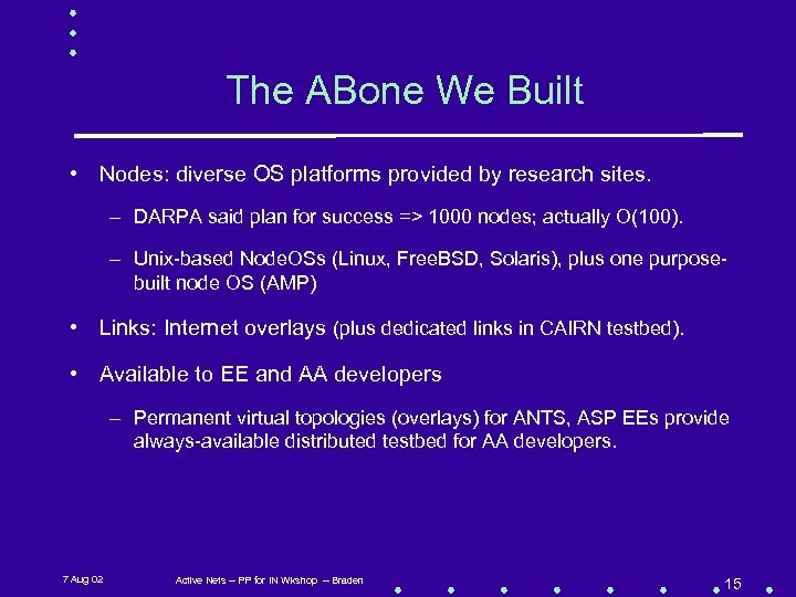 The ABone We Built • Nodes: diverse OS platforms provided by research sites. –