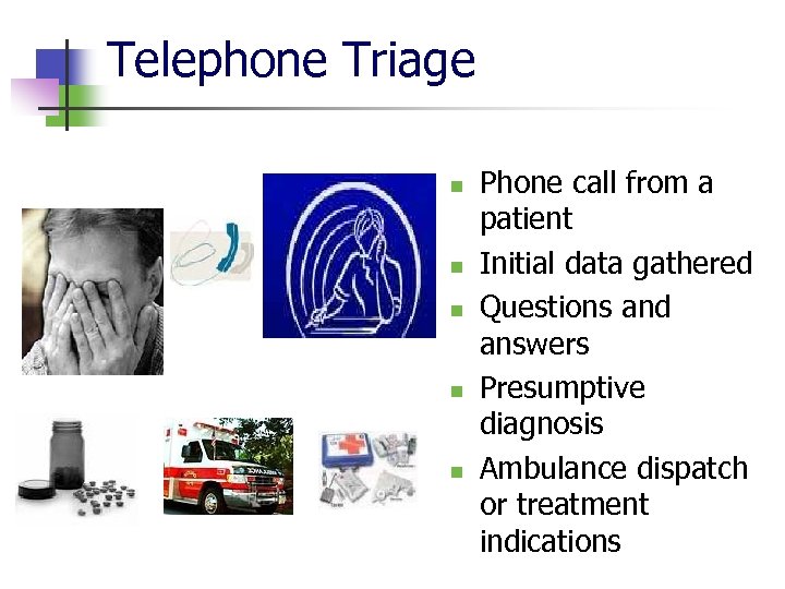Telephone Triage n n n Phone call from a patient Initial data gathered Questions