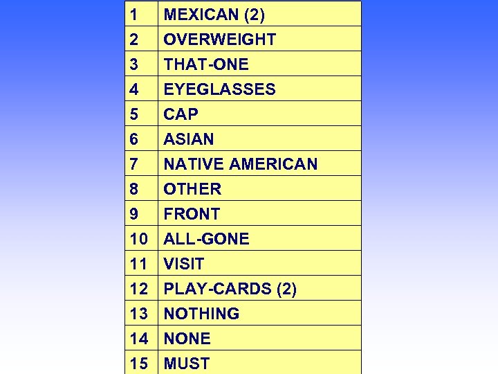 1 2 MEXICAN (2) OVERWEIGHT 3 4 THAT-ONE EYEGLASSES 5 6 7 8 9