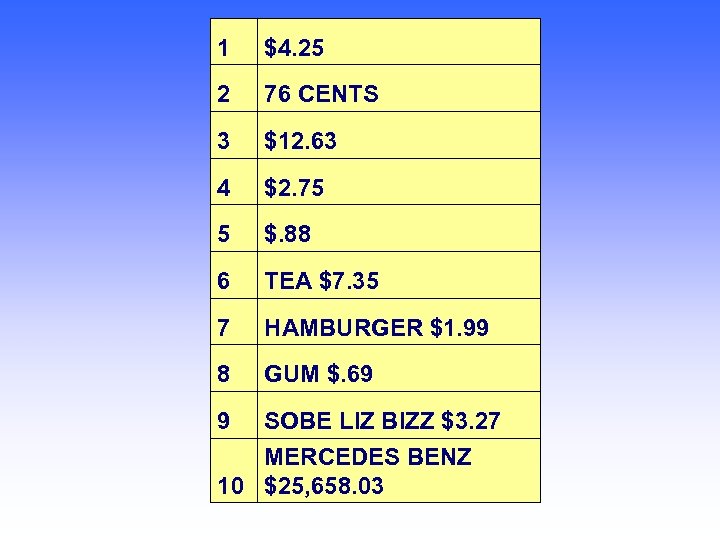1 $4. 25 2 76 CENTS 3 $12. 63 4 $2. 75 5 $.
