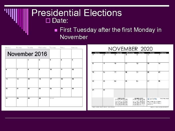 Presidential Elections o Date: n First Tuesday after the first Monday in November 
