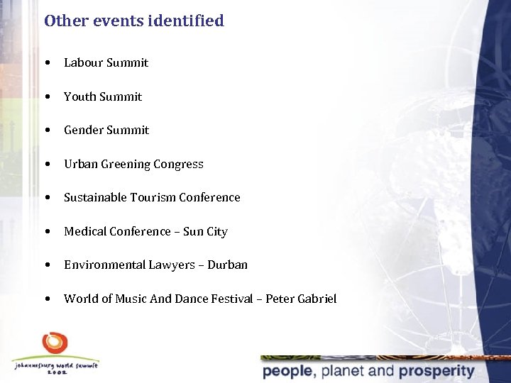 Other events identified • Labour Summit • Youth Summit • Gender Summit • Urban