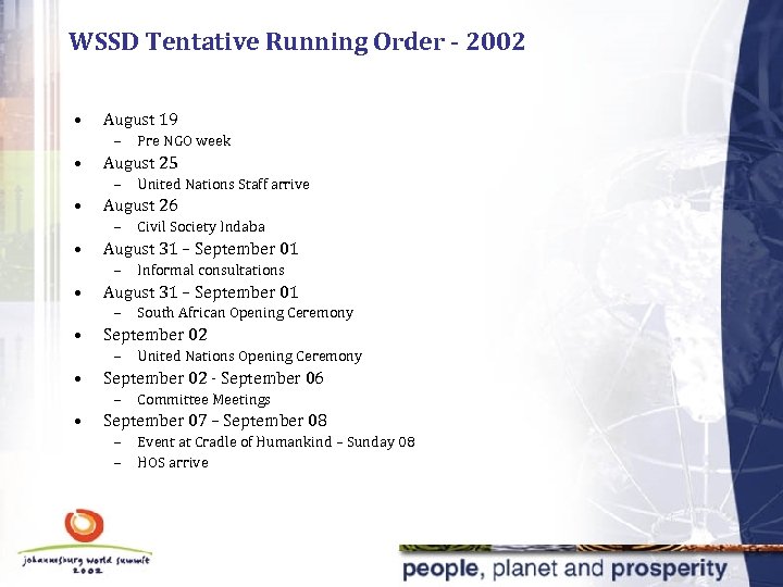 WSSD Tentative Running Order - 2002 • August 19 – • August 25 –