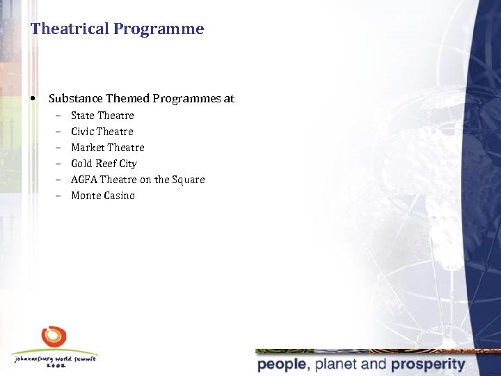 Theatrical Programme • Substance Themed Programmes at – – – State Theatre Civic Theatre