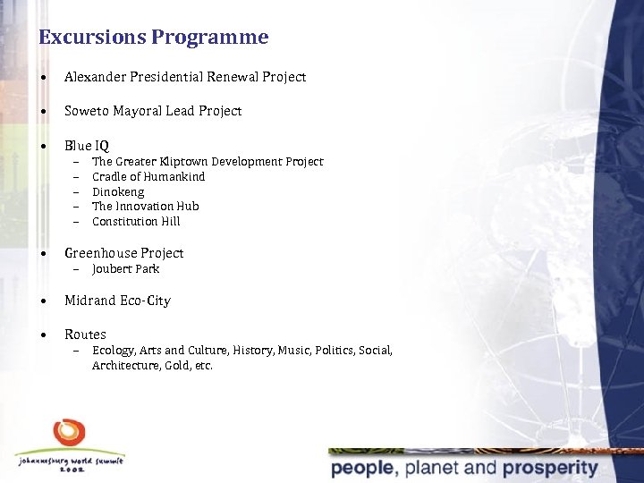 Excursions Programme • Alexander Presidential Renewal Project • Soweto Mayoral Lead Project • Blue
