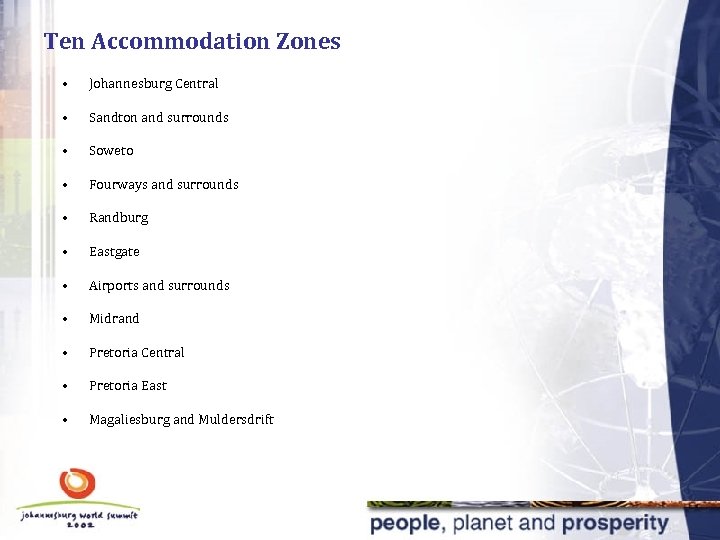 Ten Accommodation Zones • Johannesburg Central • Sandton and surrounds • Soweto • Fourways