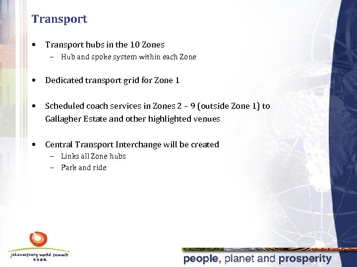 Transport • Transport hubs in the 10 Zones – Hub and spoke system within