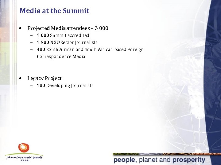 Media at the Summit • Projected Media attendees – 3 000 – 1 000
