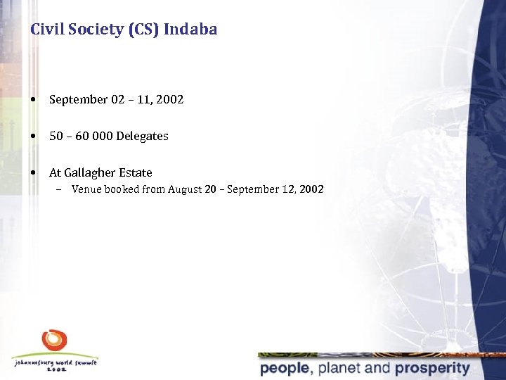Civil Society (CS) Indaba • September 02 – 11, 2002 • 50 – 60