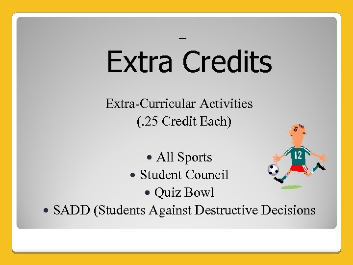Extra Credits Extra-Curricular Activities (. 25 Credit Each) All Sports Student Council Quiz Bowl