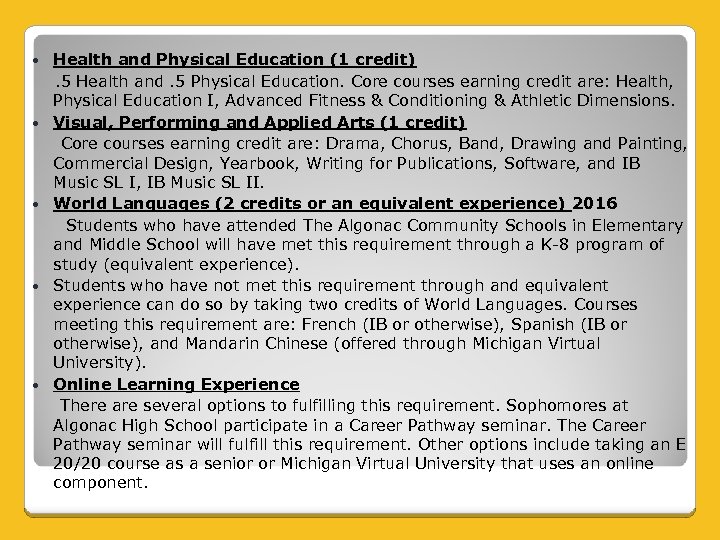 Health and Physical Education (1 credit) . 5 Health and. 5 Physical Education. Core