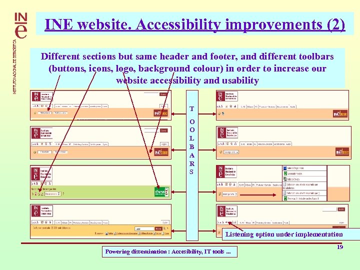 INE website. Accessibility improvements (2) Different sections but same header and footer, and different