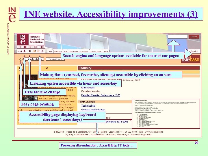 INE website. Accessibility improvements (3) Search engine and language options available for most of