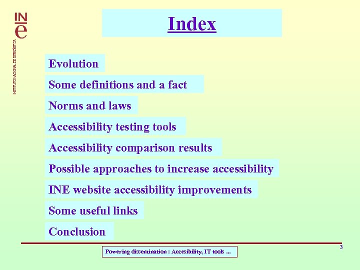 Index Evolution Some definitions and a fact Norms and laws Accessibility testing tools Accessibility