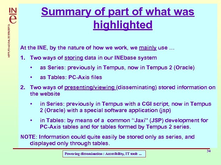 Summary of part of what was highlighted At the INE, by the nature of