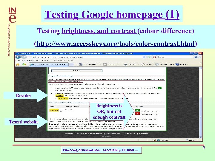 Testing Google homepage (1) Testing brightness, and contrast (colour difference) (http: //www. accesskeys. org/tools/color-contrast.
