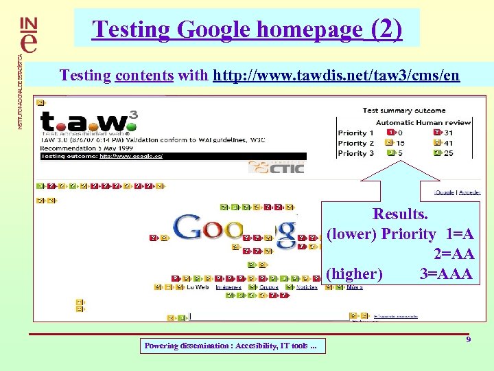 Testing Google homepage (2) Testing contents with http: //www. tawdis. net/taw 3/cms/en Results. (lower)