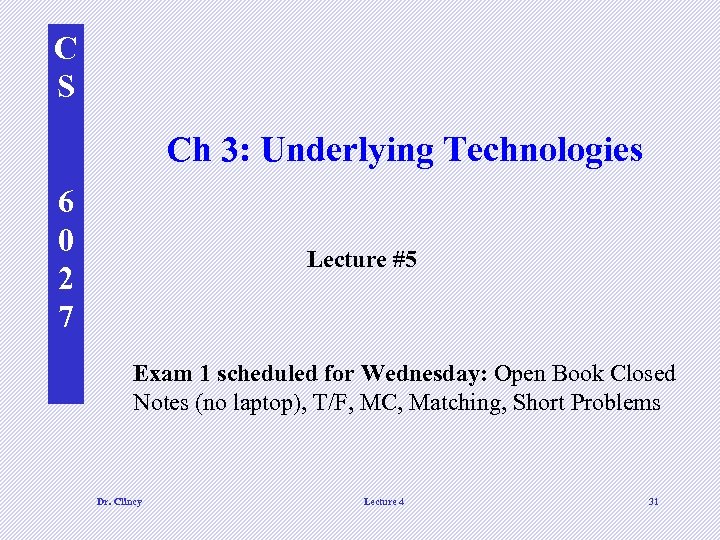 C S Ch 3: Underlying Technologies 6 0 2 7 Lecture #5 Exam 1