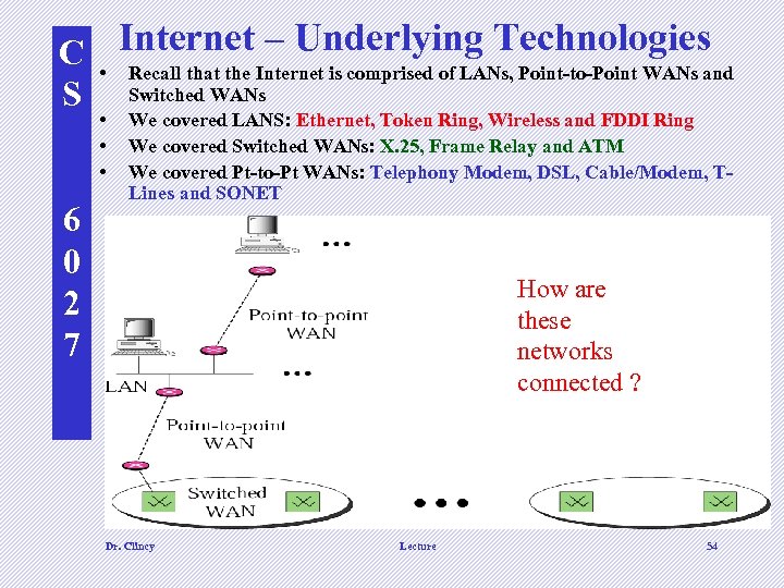 – Underlying Technologies C • Internet is comprised of LANs, Point-to-Point WANs and Recall