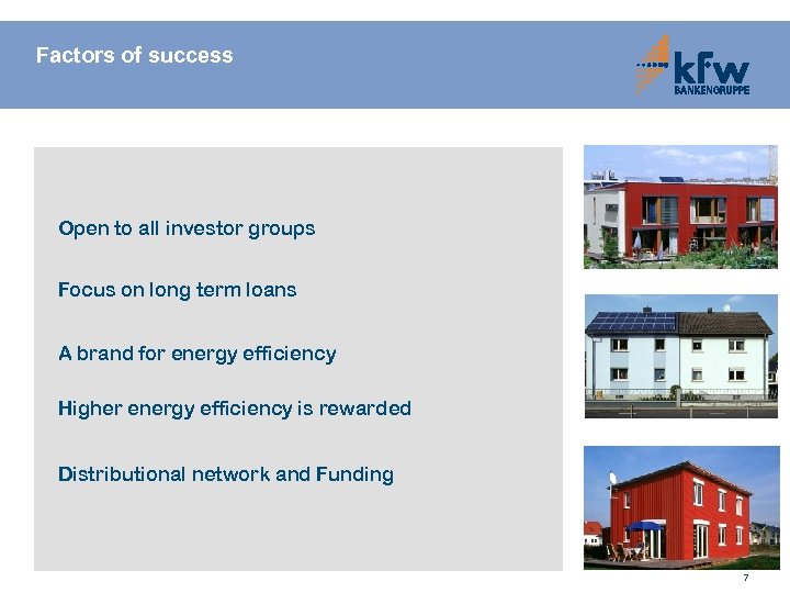 Factors of success Open to all investor groups Focus on long term loans A