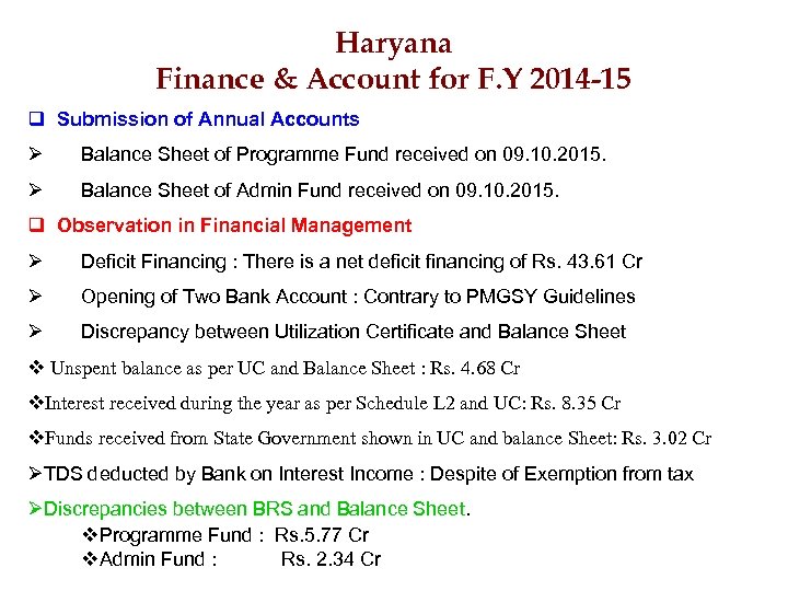  Haryana Finance & Account for F. Y 2014 -15 q Submission of Annual