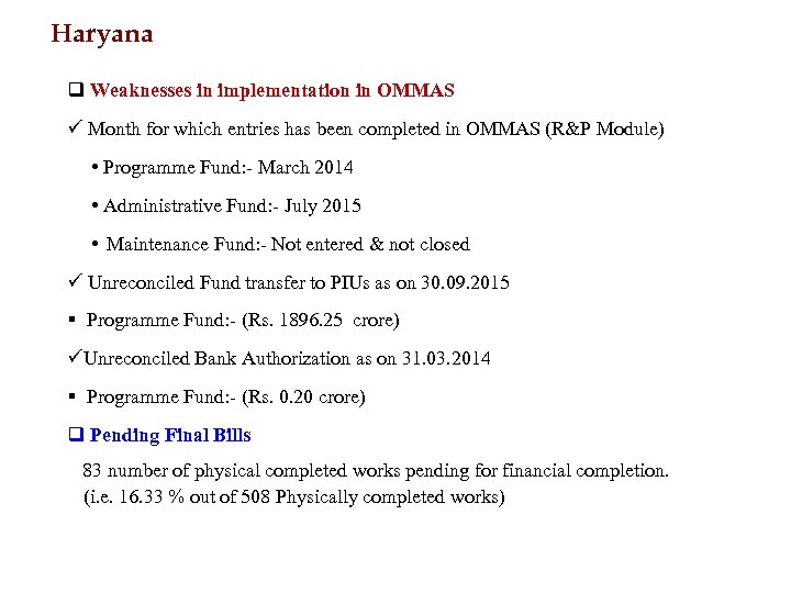 Haryana q Weaknesses in implementation in OMMAS ü Month for which entries has been