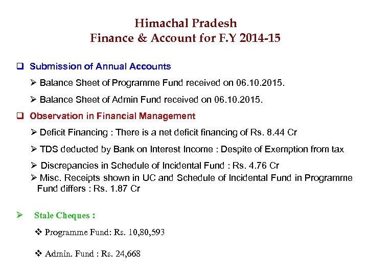  Himachal Pradesh Finance & Account for F. Y 2014 -15 q Submission of