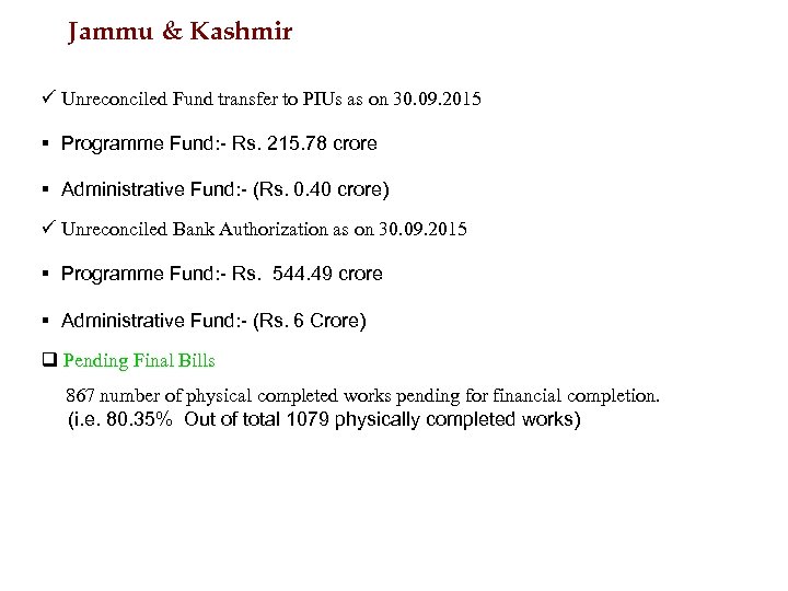 Jammu & Kashmir ü Unreconciled Fund transfer to PIUs as on 30. 09. 2015