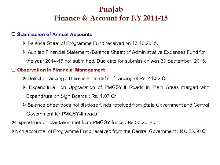 Punjab Finance & Account for F. Y 2014 -15 q Submission of Annual Accounts
