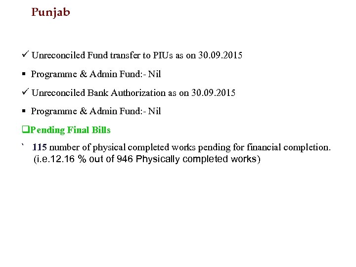 Punjab ü Unreconciled Fund transfer to PIUs as on 30. 09. 2015 § Programme