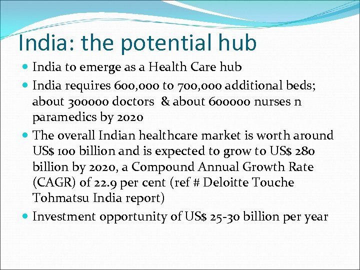 India: the potential hub India to emerge as a Health Care hub India requires