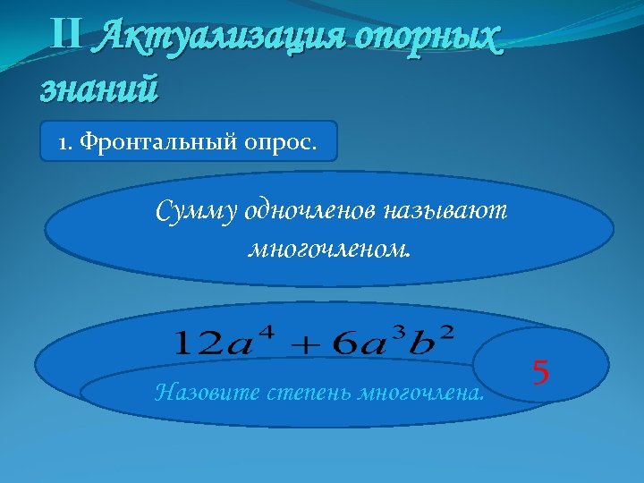 II Актуализация опорных знаний 1. Фронтальный опрос. Сумму одночленов называют Что называют многочленом? многочленом.