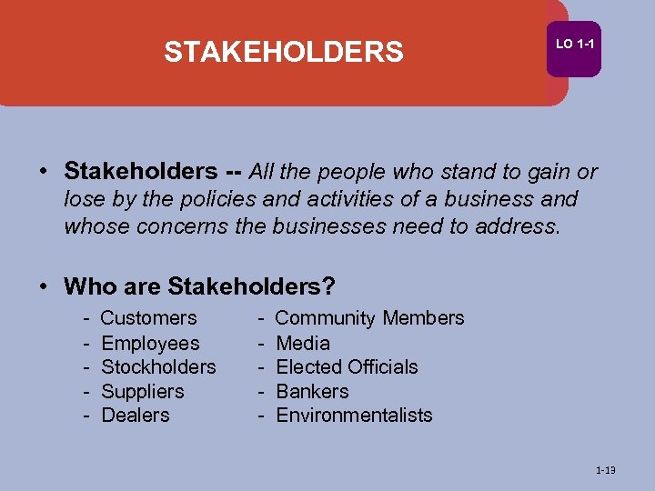 STAKEHOLDERS LO 1 -1 • Stakeholders -- All the people who stand to gain
