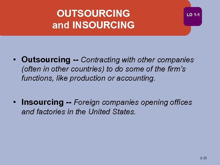 OUTSOURCING and INSOURCING LO 1 -1 • Outsourcing -- Contracting with other companies (often