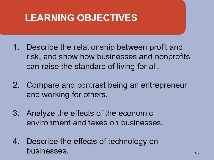 LEARNING OBJECTIVES 1. Describe the relationship between profit and risk, and show businesses and