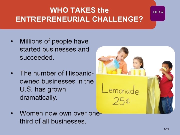 WHO TAKES the ENTREPRENEURIAL CHALLENGE? LO 1 -2 • Millions of people have started