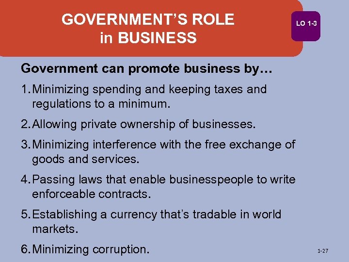 GOVERNMENT’S ROLE in BUSINESS LO 1 -3 Government can promote business by… 1. Minimizing