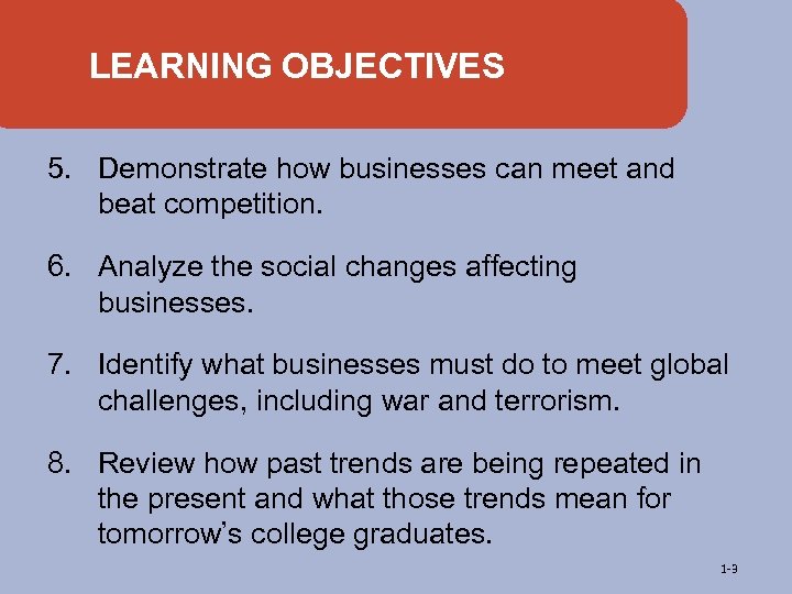 LEARNING OBJECTIVES 5. Demonstrate how businesses can meet and beat competition. 6. Analyze the