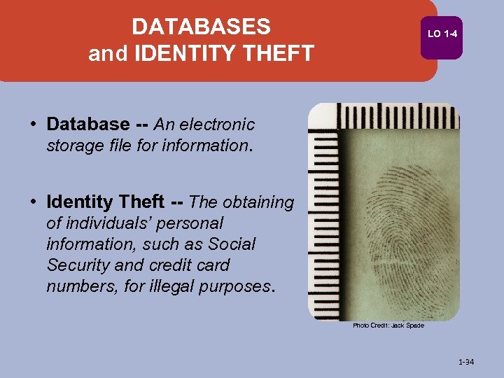 DATABASES and IDENTITY THEFT LO 1 -4 • Database -- An electronic storage file