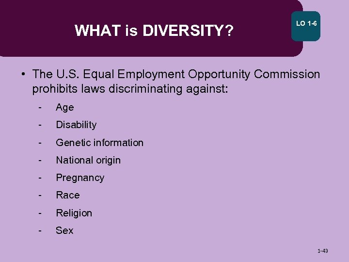 WHAT is DIVERSITY? LO 1 -6 • The U. S. Equal Employment Opportunity Commission